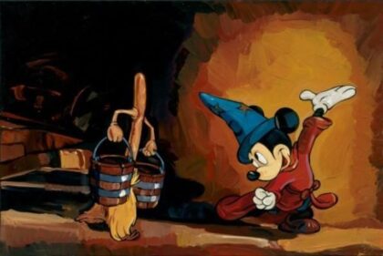Mickey Mouse ordering a broom around in Fantasia