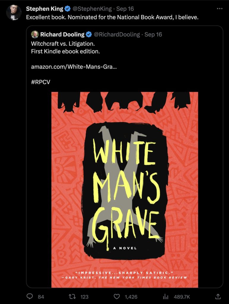 A screenshot of Stephen King's praise for White Man's Grave, a novel